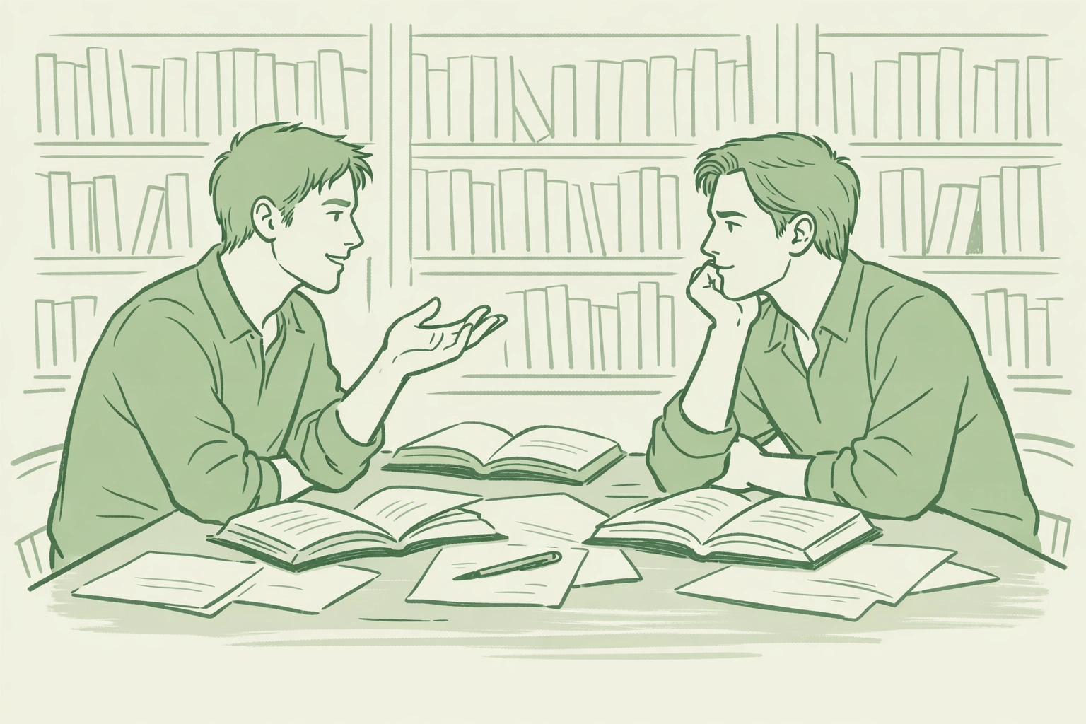 Men discussing literary gay fiction books at library table, demonstrating intellectual MM romance engagement