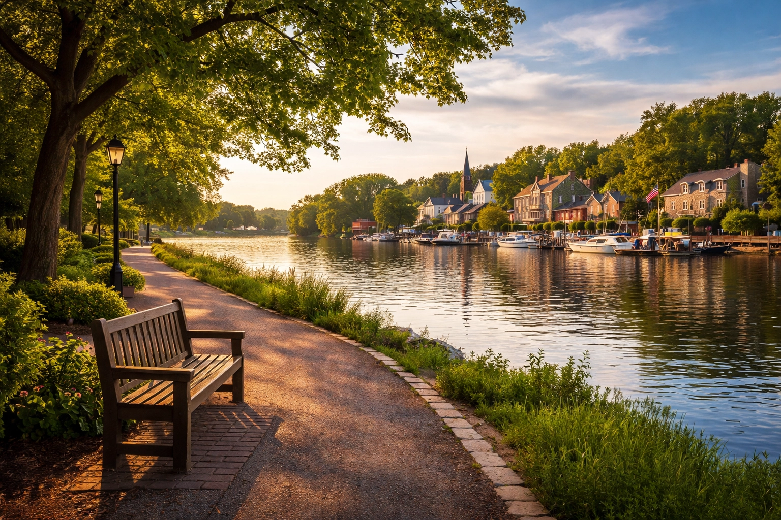 Scenic view of the Delaware River waterfront in Riverside NJ featuring walking paths, peaceful water, and green parks.