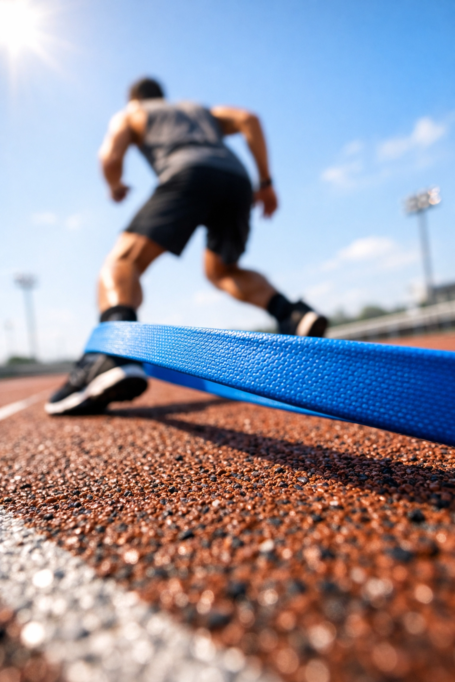 Close-up of blue resistance bands on a runner's ankles for professional speed and agility training.