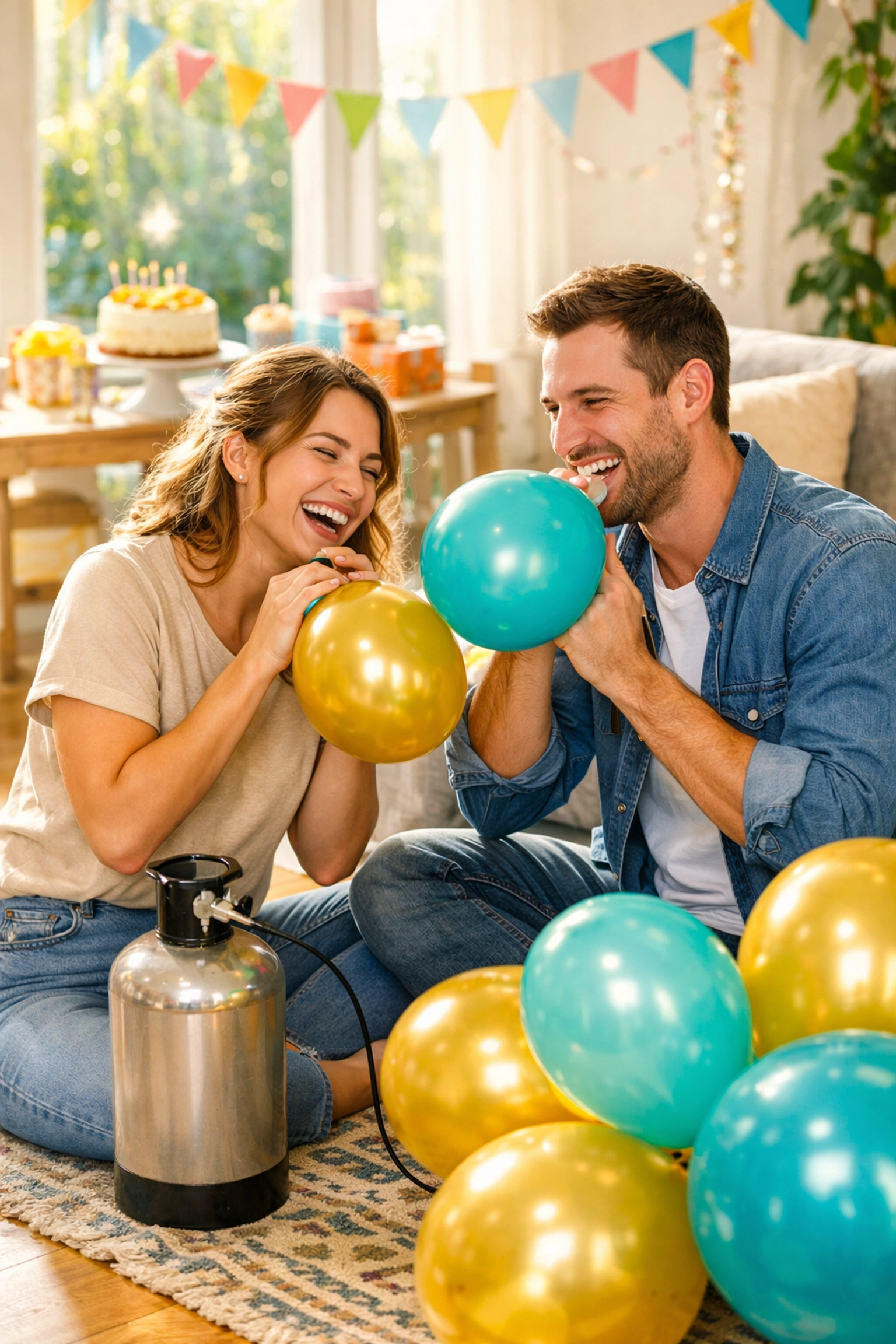 A couple using a refillable helium gas cylinder to inflate balloons for a birthday party.