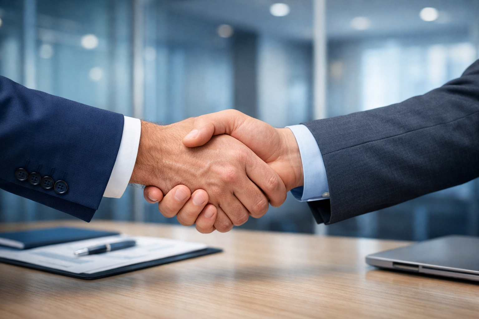 Professionals shaking hands to finalize an Alabama business sale and successful ownership transition.