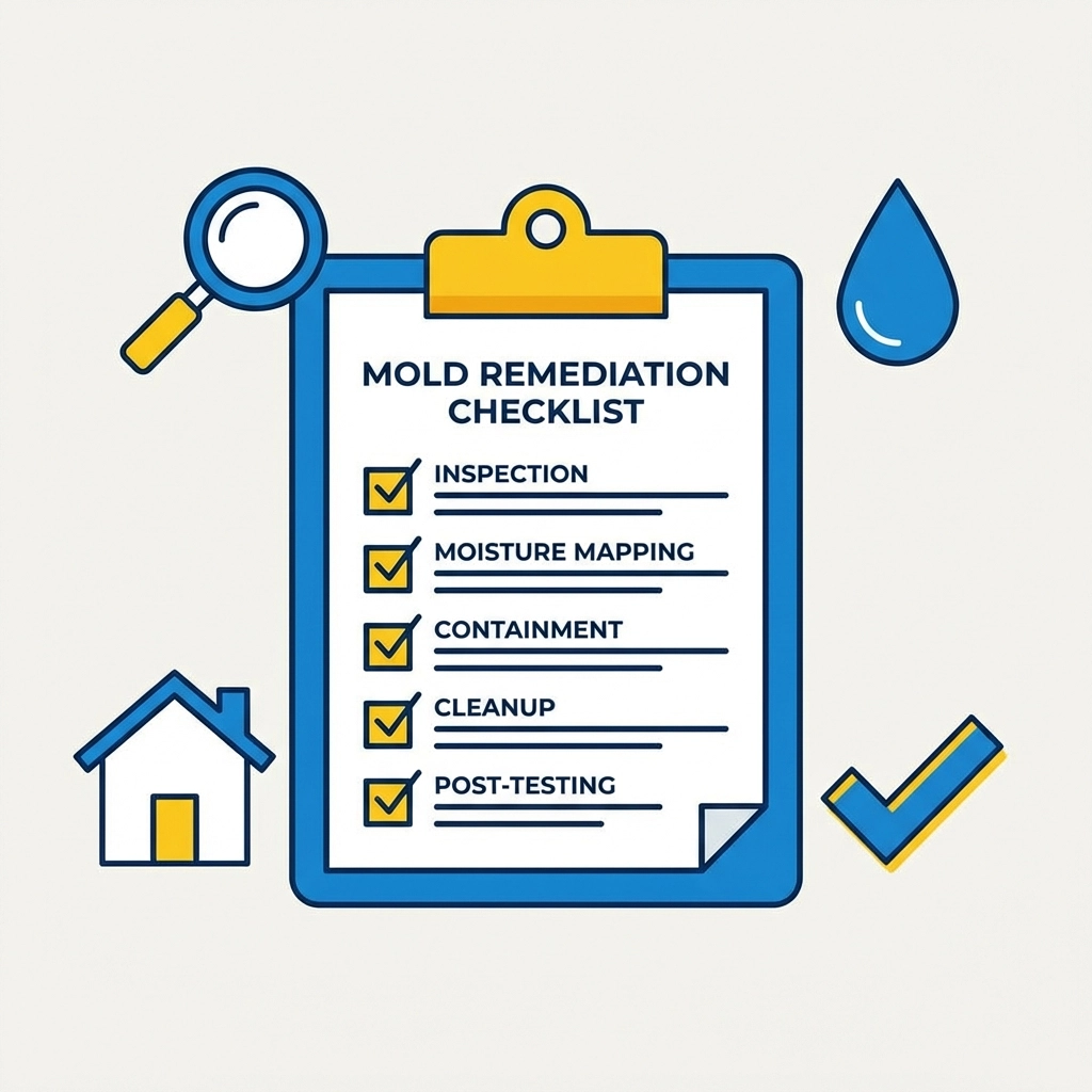 Illustration of a checklist and mold remediation icons, highlighting the importance of a written mold protocol plan.