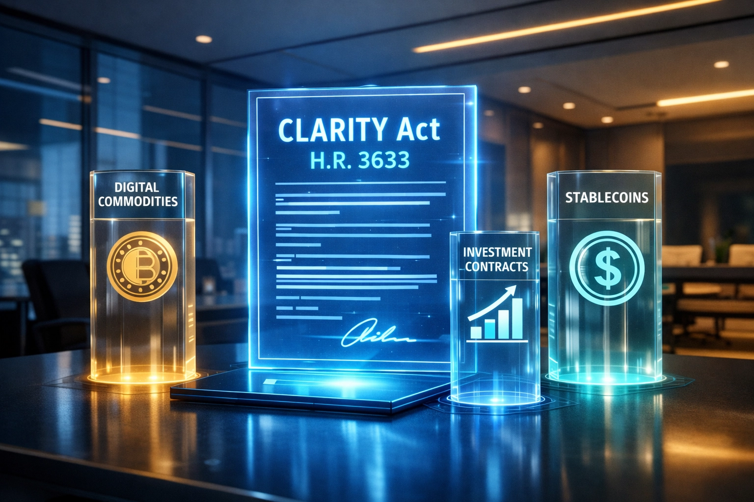 CLARITY Act regulatory framework showing three crypto categories: digital commodities, investment contracts, and stablecoins