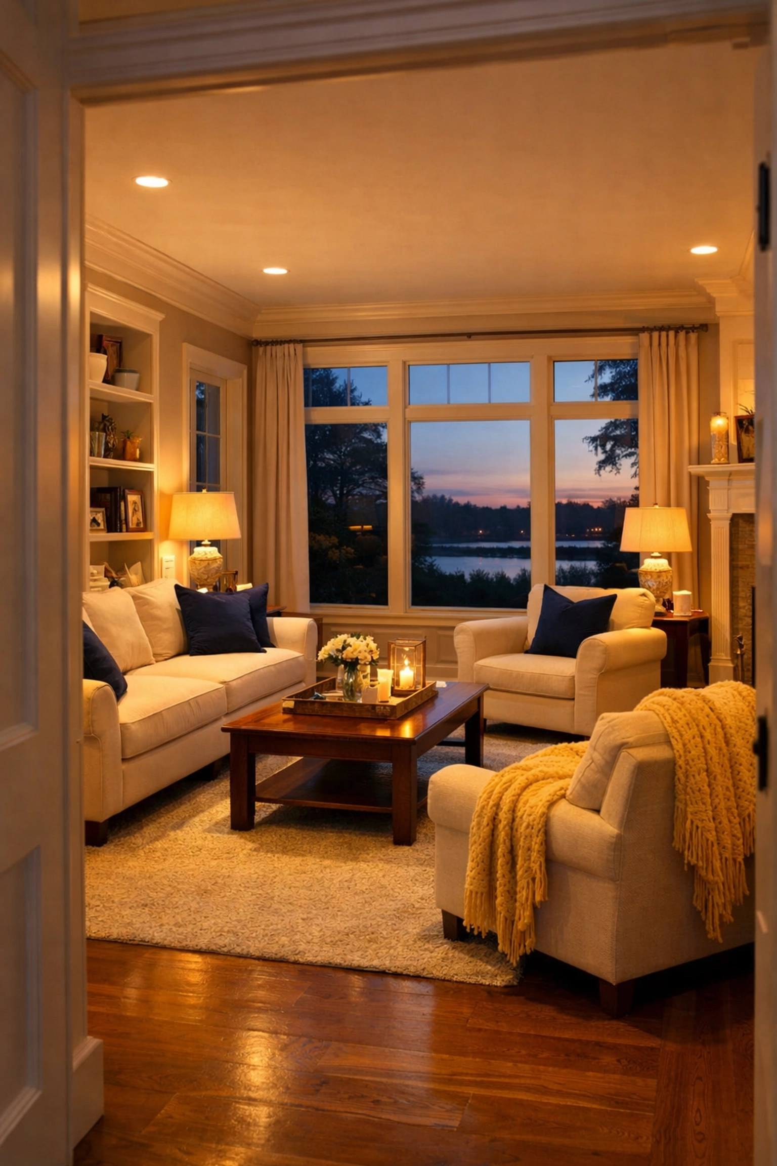 Tidy Stow MA living room at dusk, a stress-free sanctuary after a professional house cleaning service.