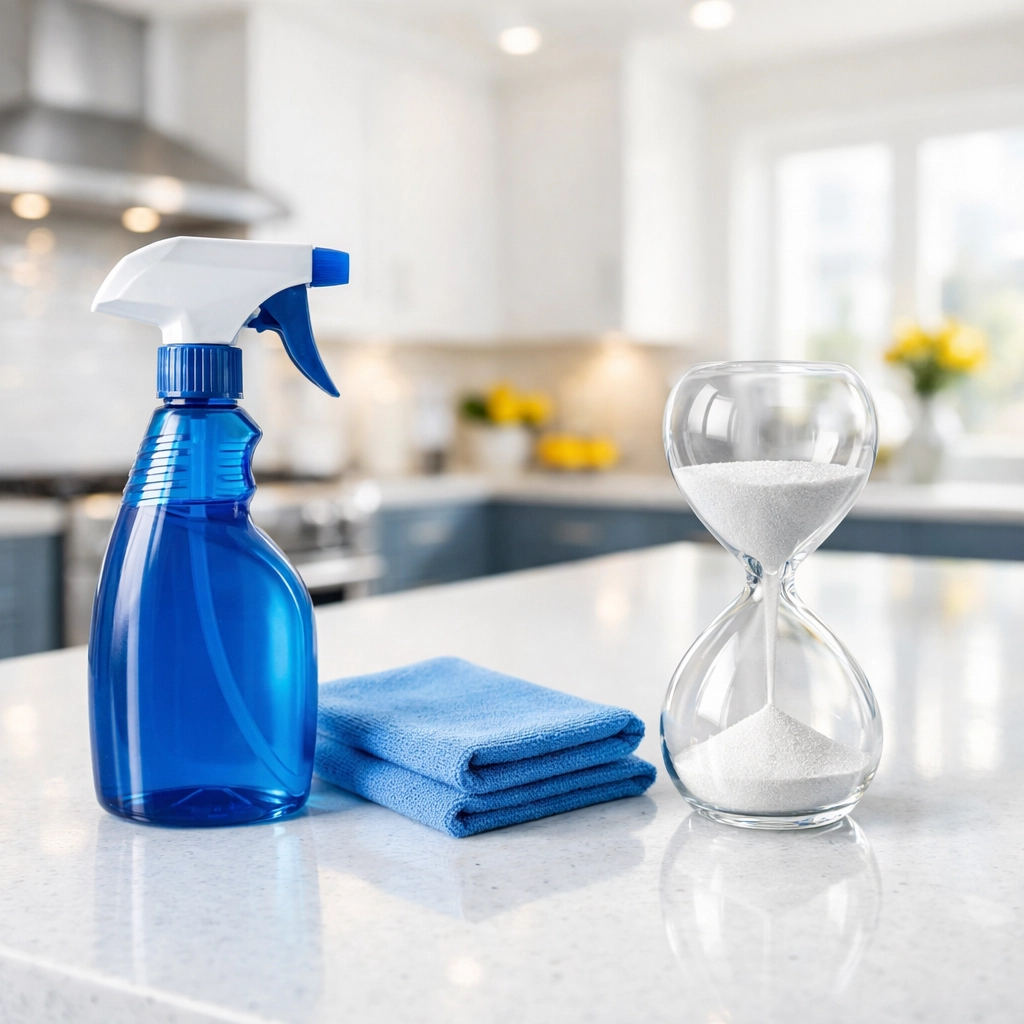 Professional cleaners MA using dwell time for expert Apartment Cleaning Massachusetts in a luxury kitchen.