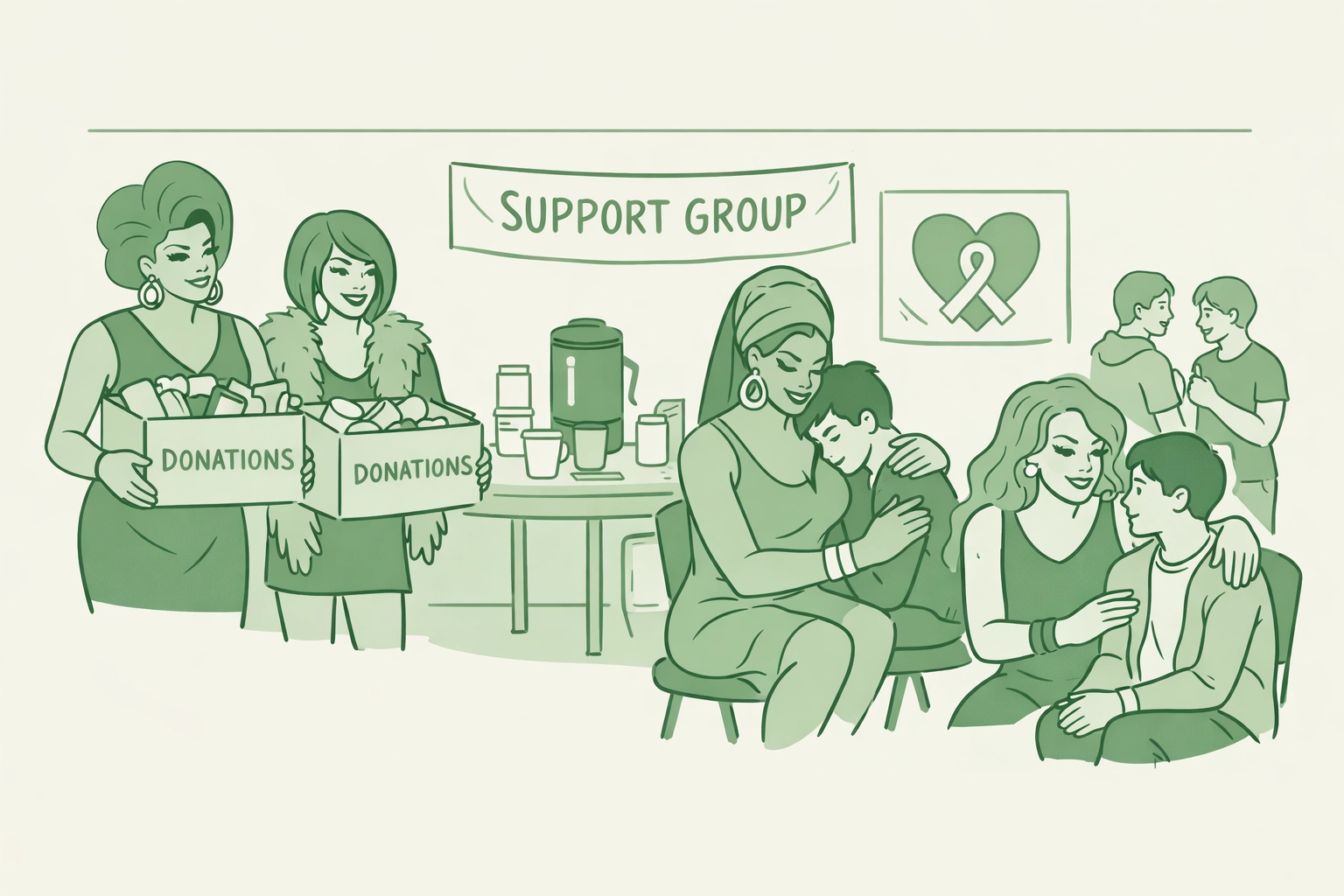 Drag performers supporting LGBTQ+ community during AIDS crisis fundraising efforts