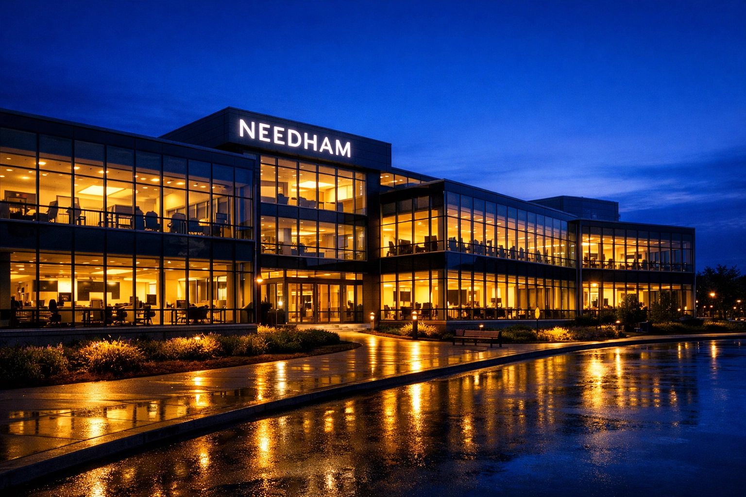 Modern glass office building in Needham receiving after-hours commercial janitorial services.