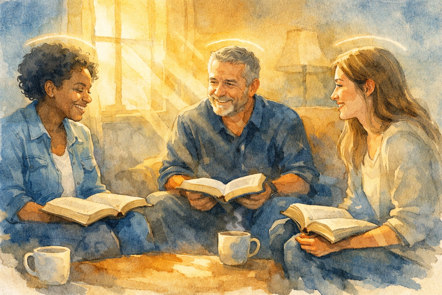 Small group Bible study gathering illustrating church family fellowship