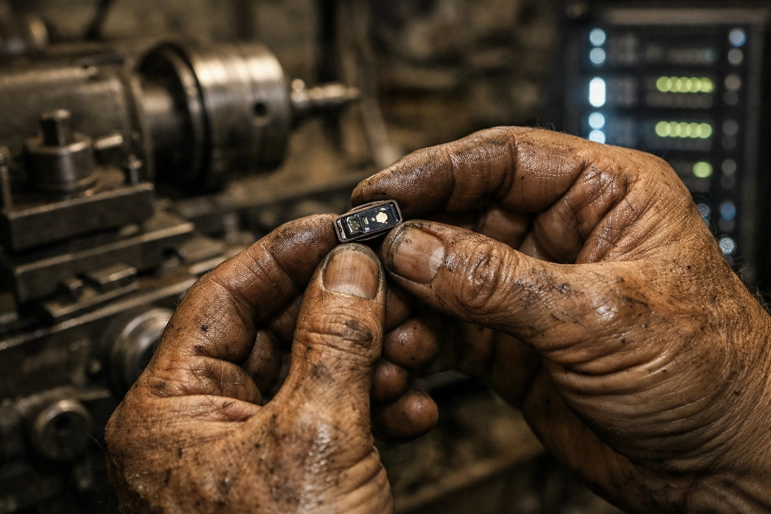 Machinist’s hands holding a micro-sensor in a Tokyo workshop, bridging tradition and AI tech.