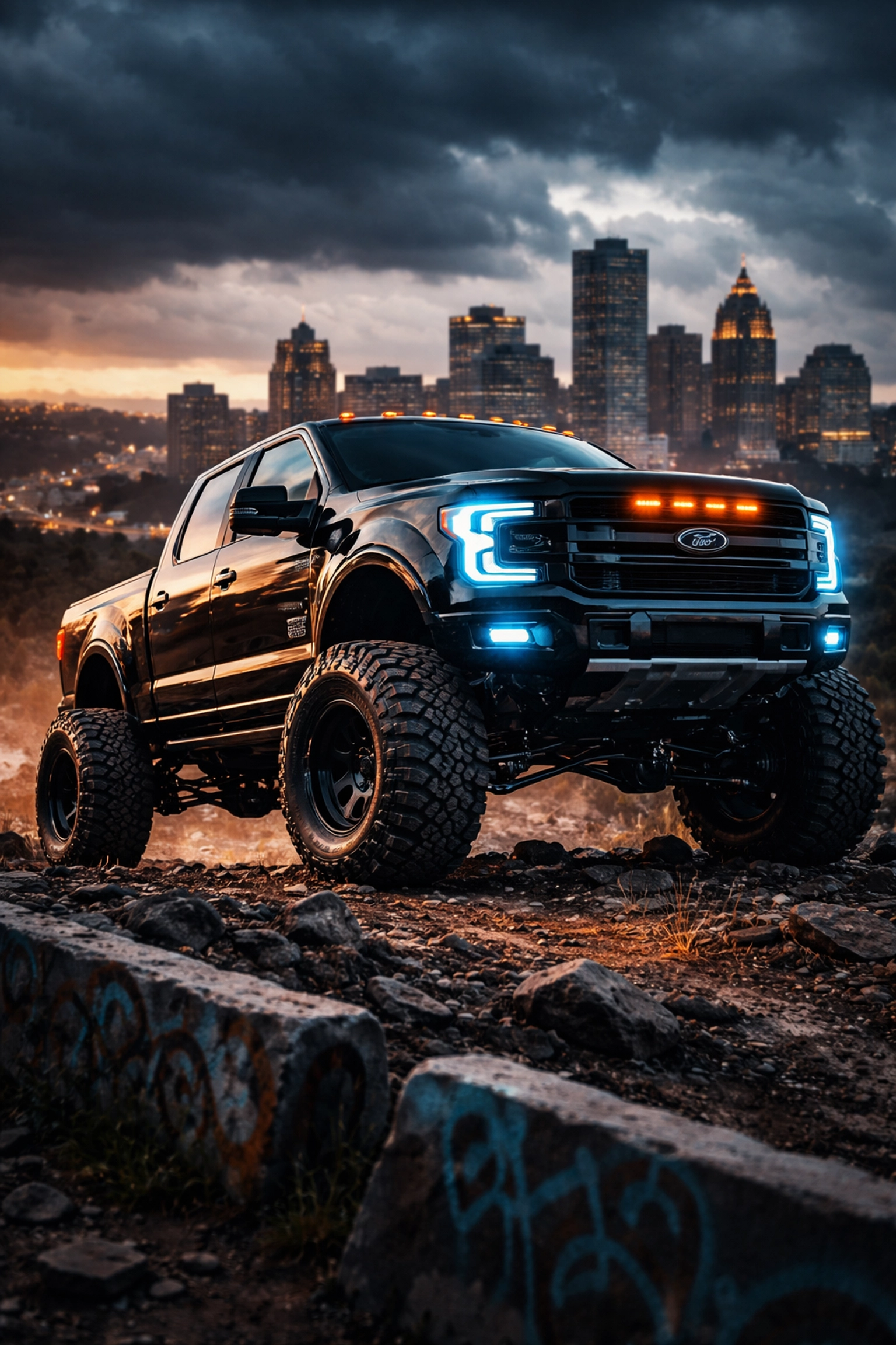 Lifted black Ford F-150 truck with aftermarket lift kit on rocky terrain, Pittsburgh skyline in background
