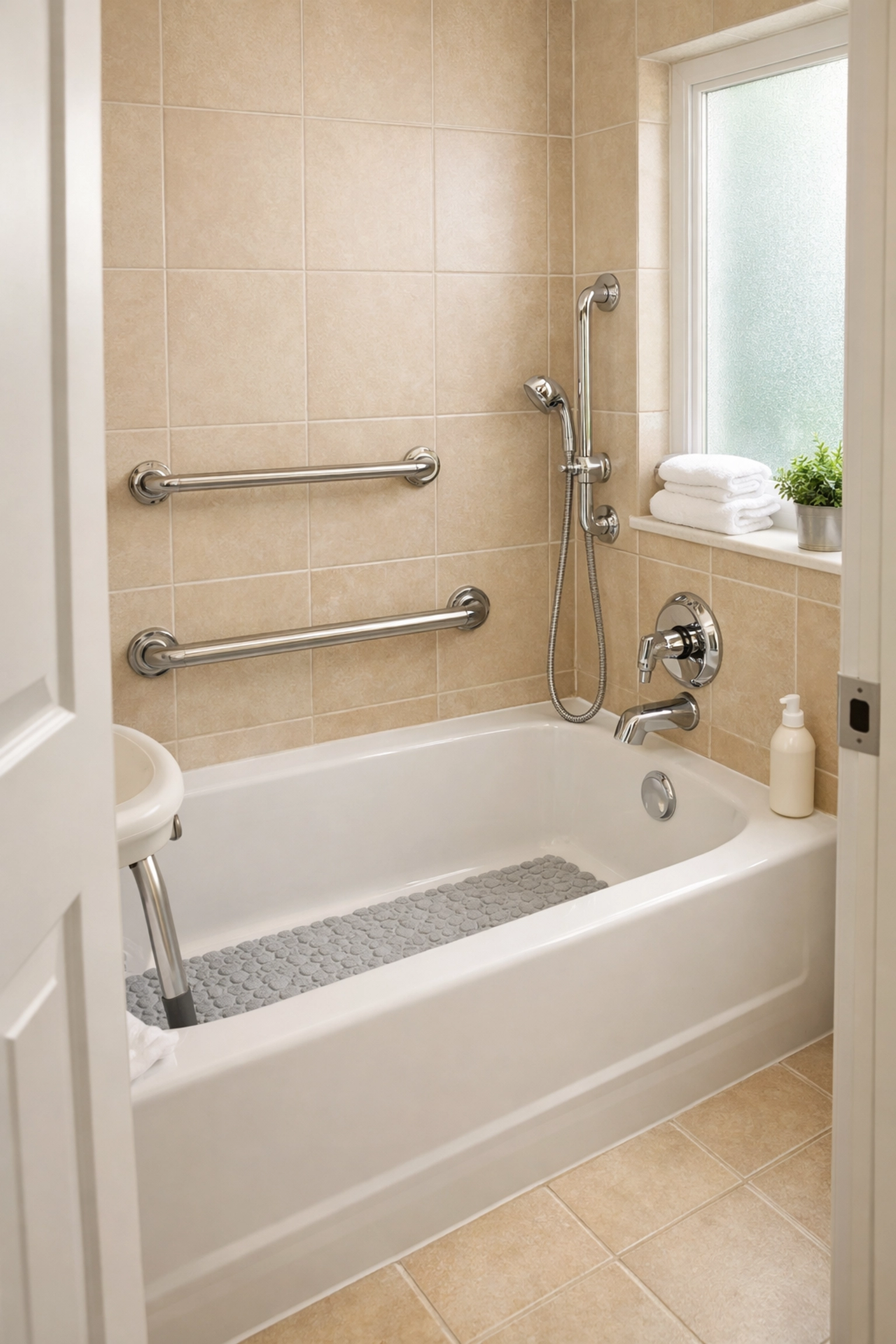 Bathroom safety features including grab bars and non-slip mat for seniors
