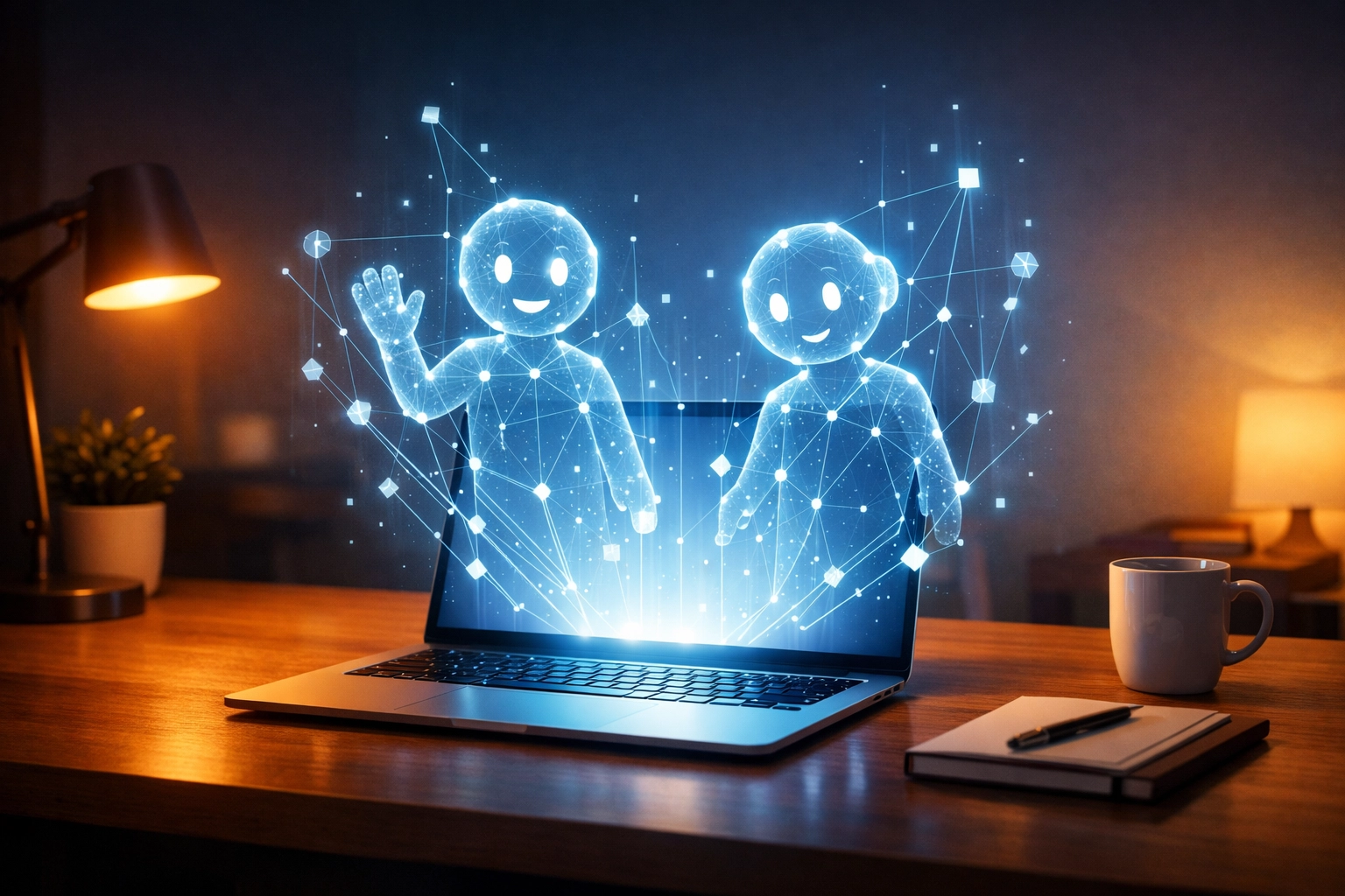 Laptop on a desk with digital AI assistants helping a reseller maintain a profitable e-commerce business.