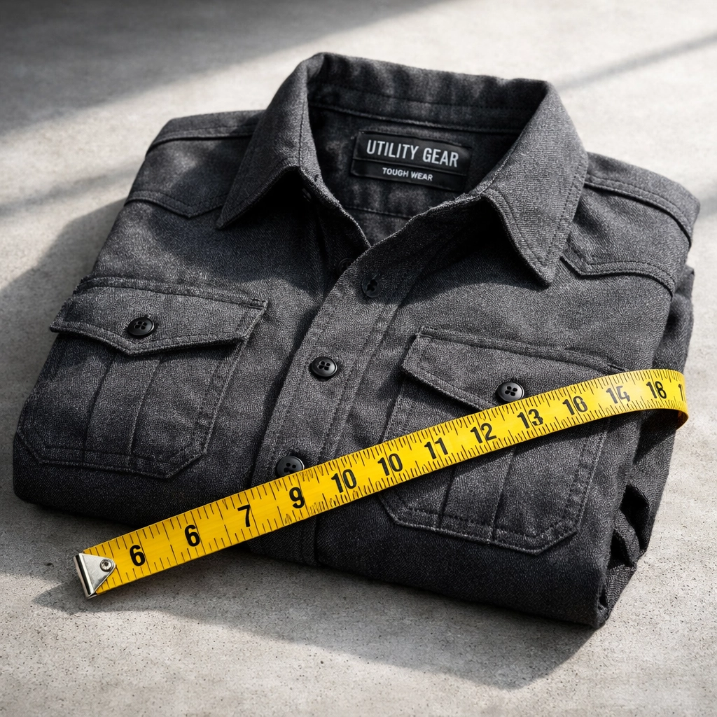 Folded heavy-duty work shirt and tape measure for bulk custom t shirts that last