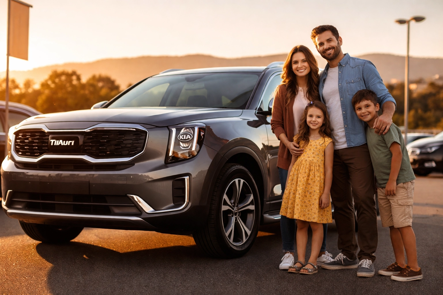 Family smiling beside a new Kia Telluride at a Roseville dealership, perfect for Folsom and Elk Grove SUV shoppers