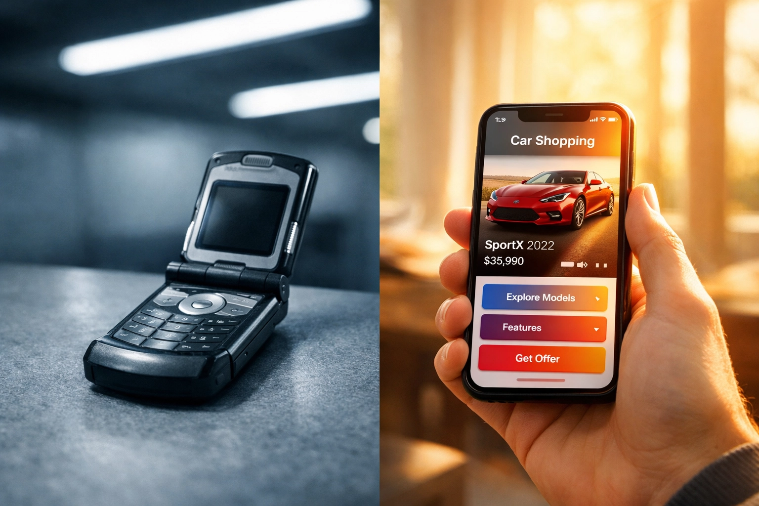 Old flip phone compared to modern smartphone with sleek mobile car shopping app interface