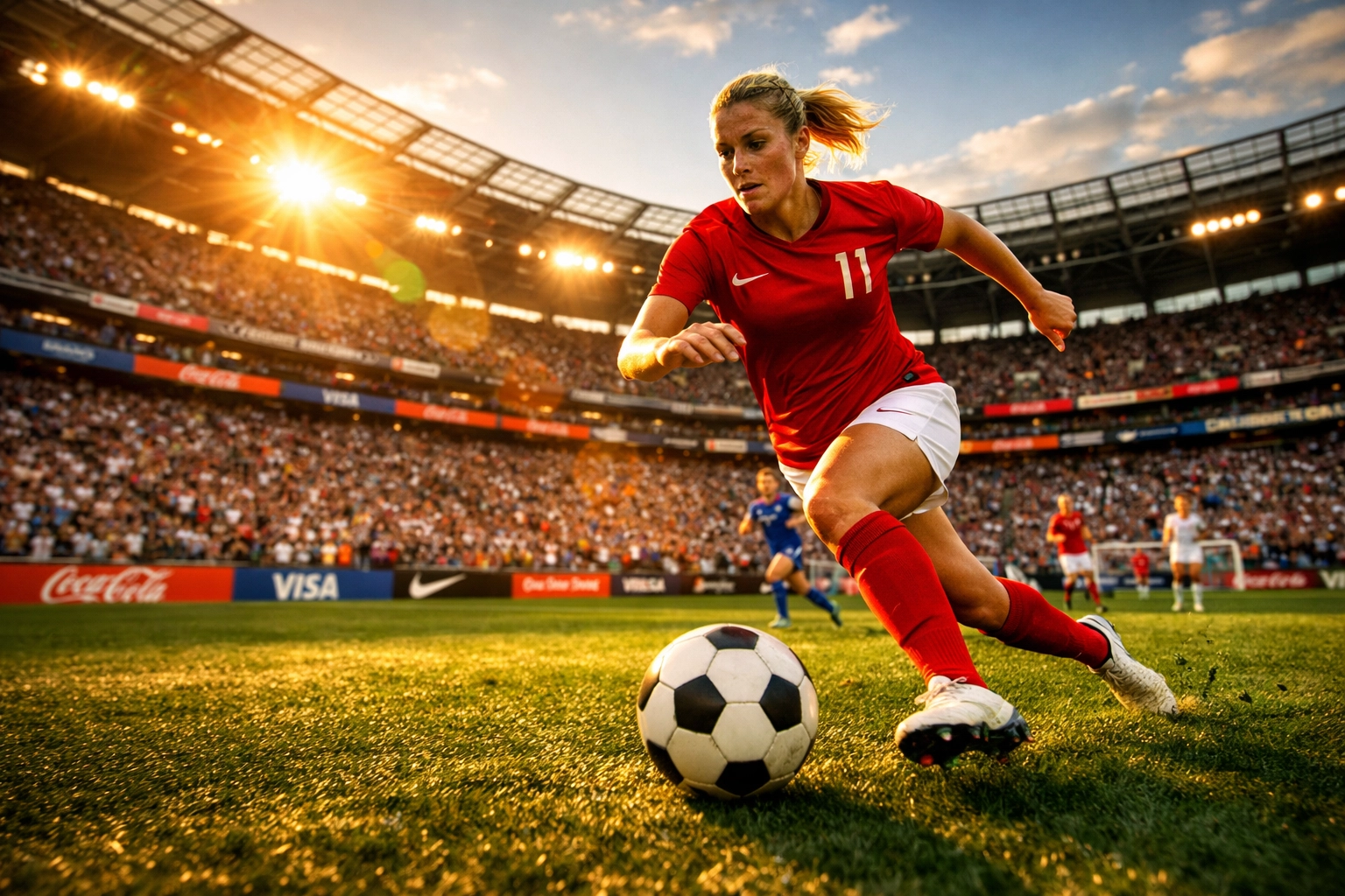 Professional women's soccer match in stadium highlighting women's sports industry growth
