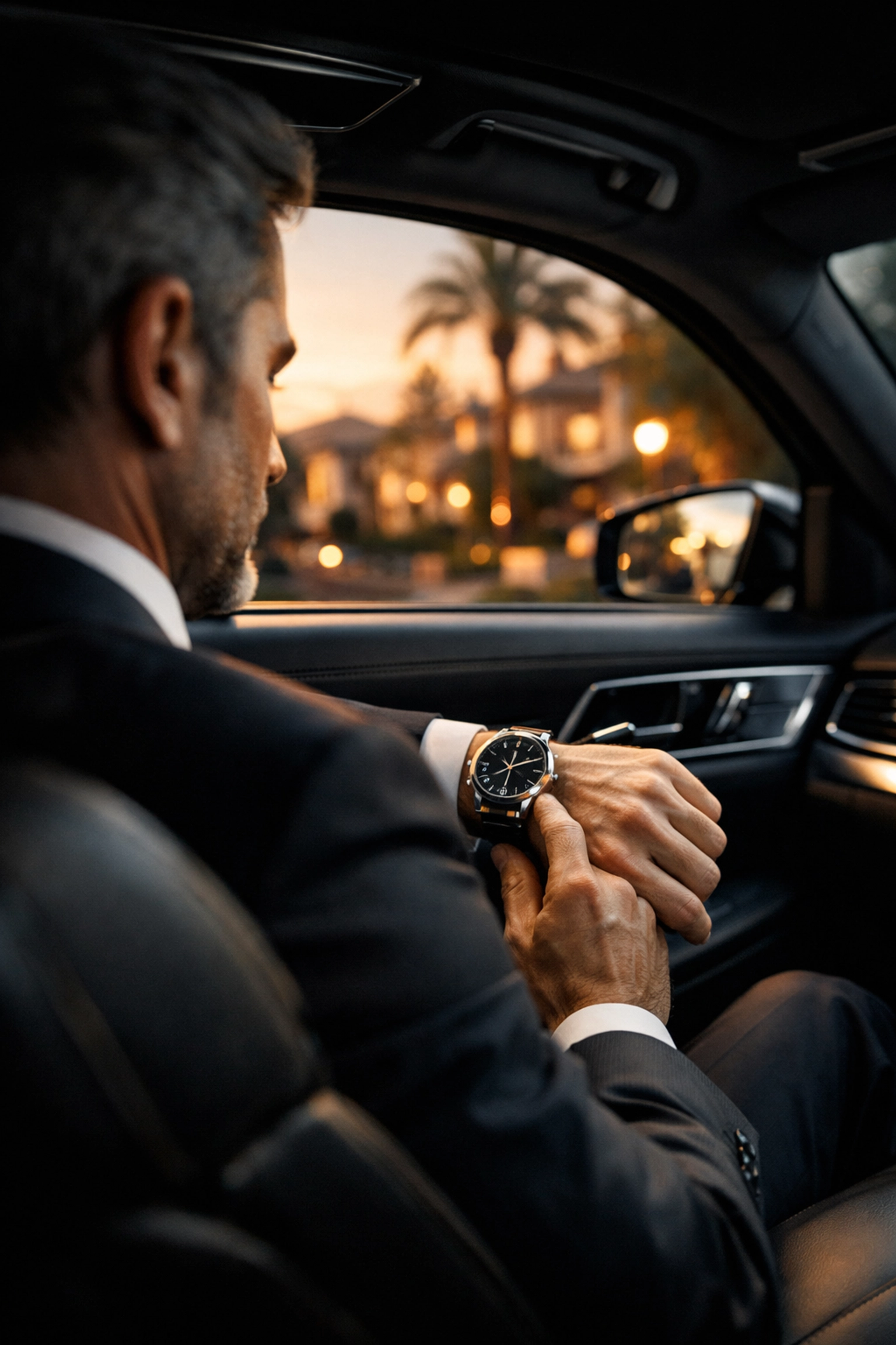Executive checking his watch in a luxury car, highlighting the precision of Laguna Hills executive car service.