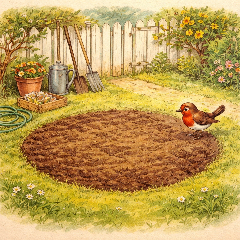 Bird's-eye view of a backyard garden with circular tilled soil and gardening tools, ready for a bean pole teepee