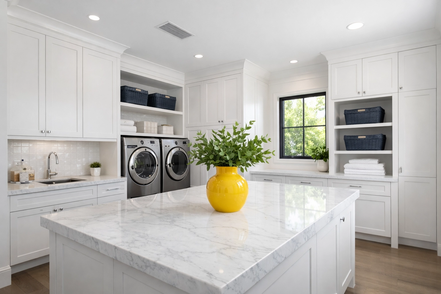A professional deep-cleaned modern laundry room with white cabinets and a marble folding station in Leominster, MA.