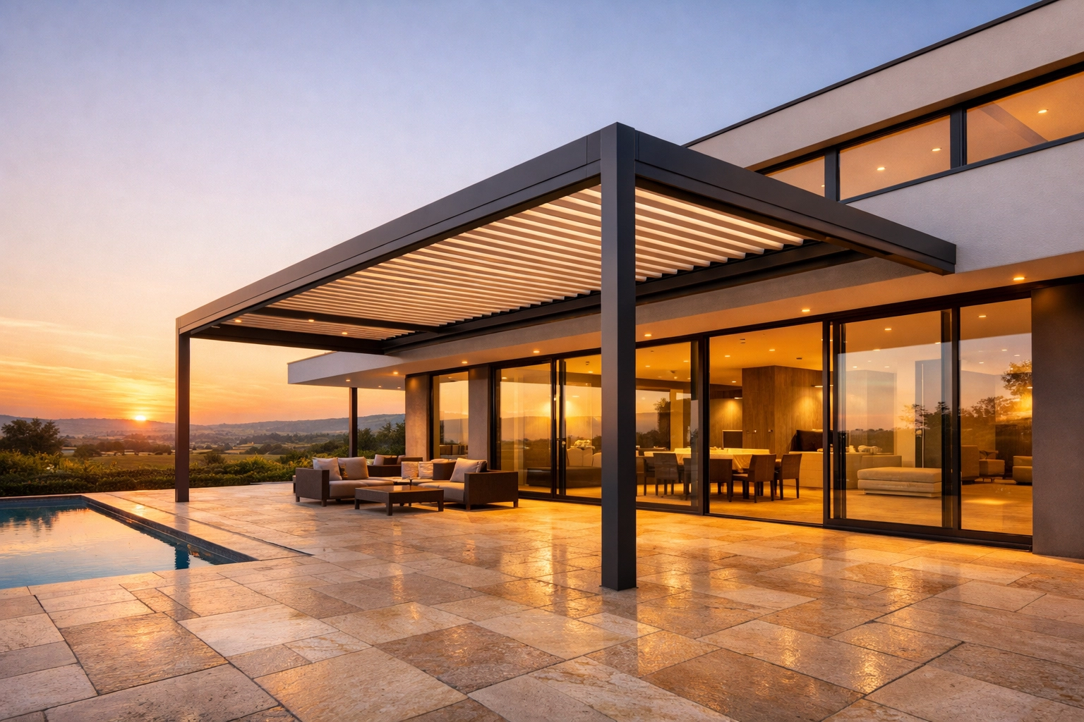 Moderne Villa mit Terrassenüberdachung und Sonnenschutz in Niederösterreich.