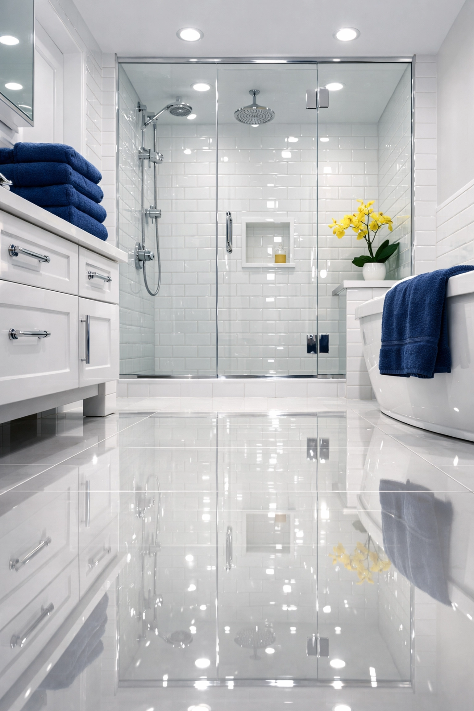 Pristine luxury bathroom with sparkling tiles and chrome fixtures from a professional Tewksbury deep clean.