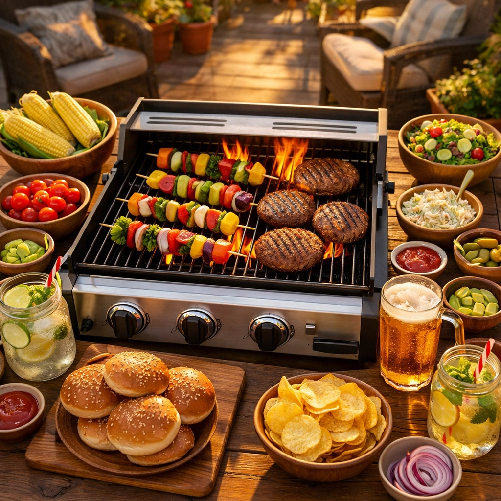 Gas BBQ grill cooking burgers and vegetables on outdoor patio deck in summer