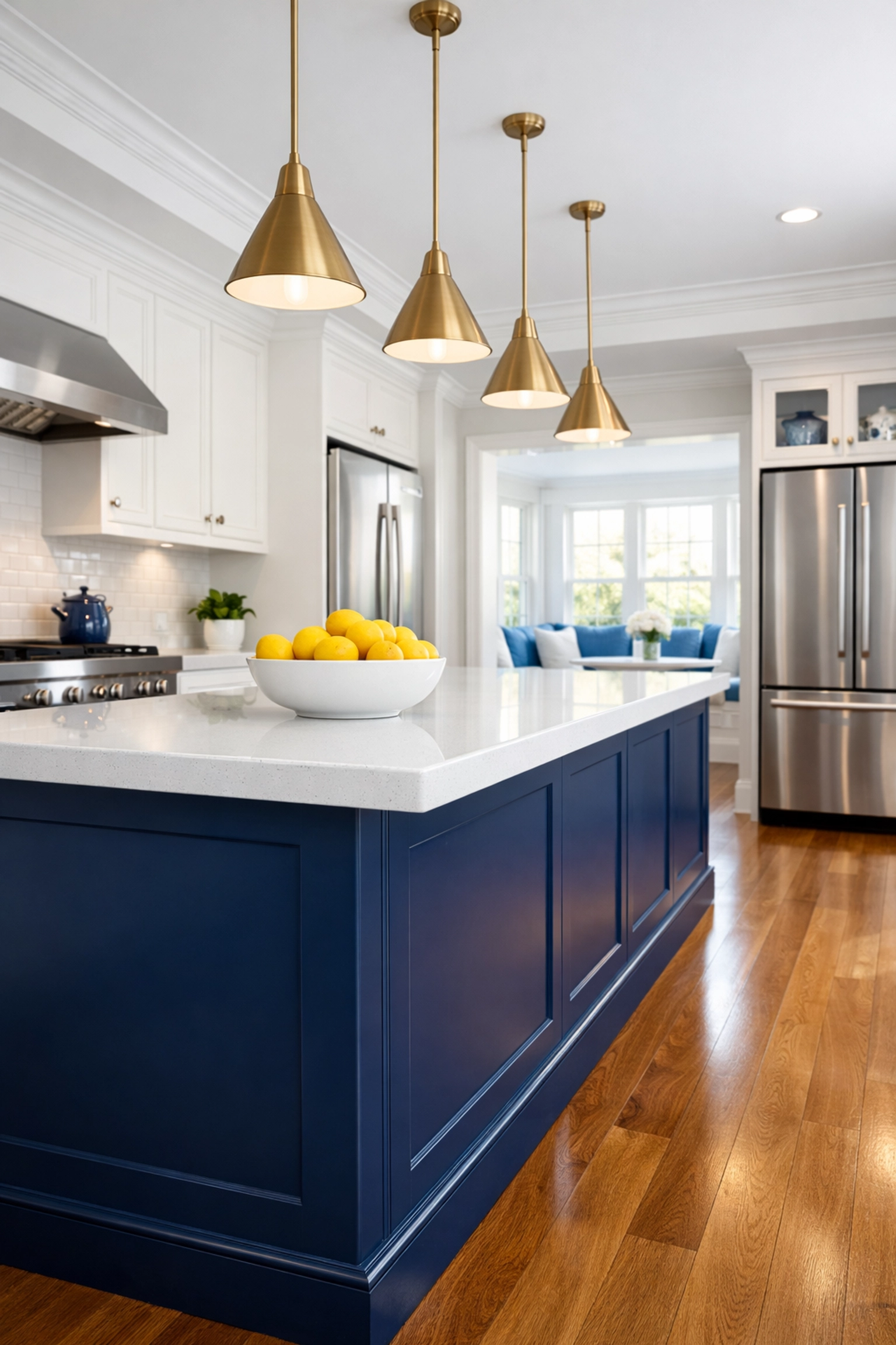 Immaculate high-end kitchen with a navy island after professional luxury cleaning in Marblehead.