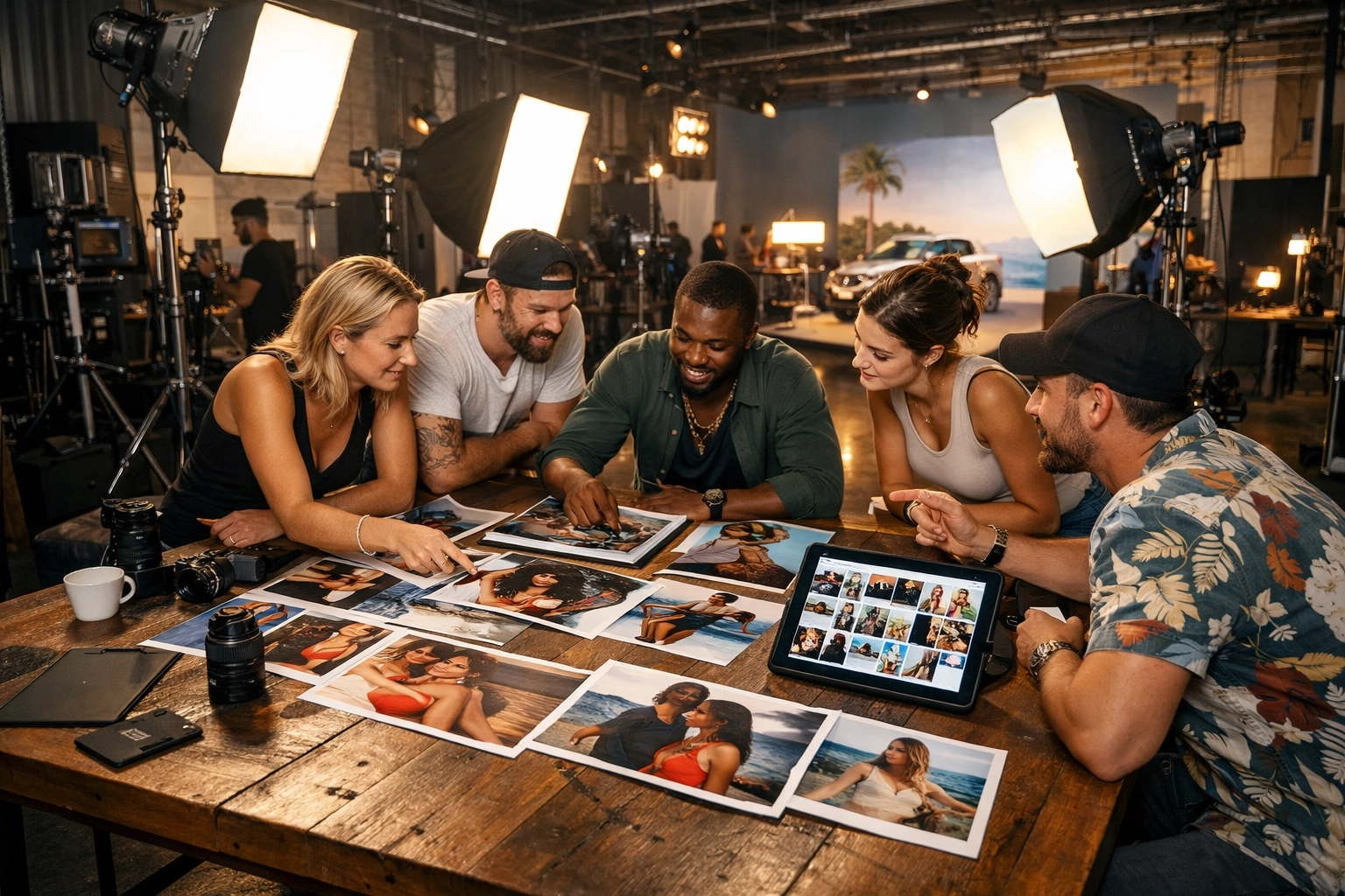 A professional creative team collaborating on brand photography in a high-end Miami production studio.