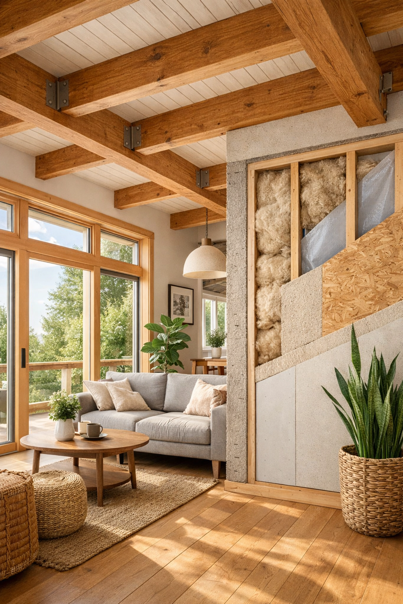 Sustainable residential interior with natural light and energy-efficient design features