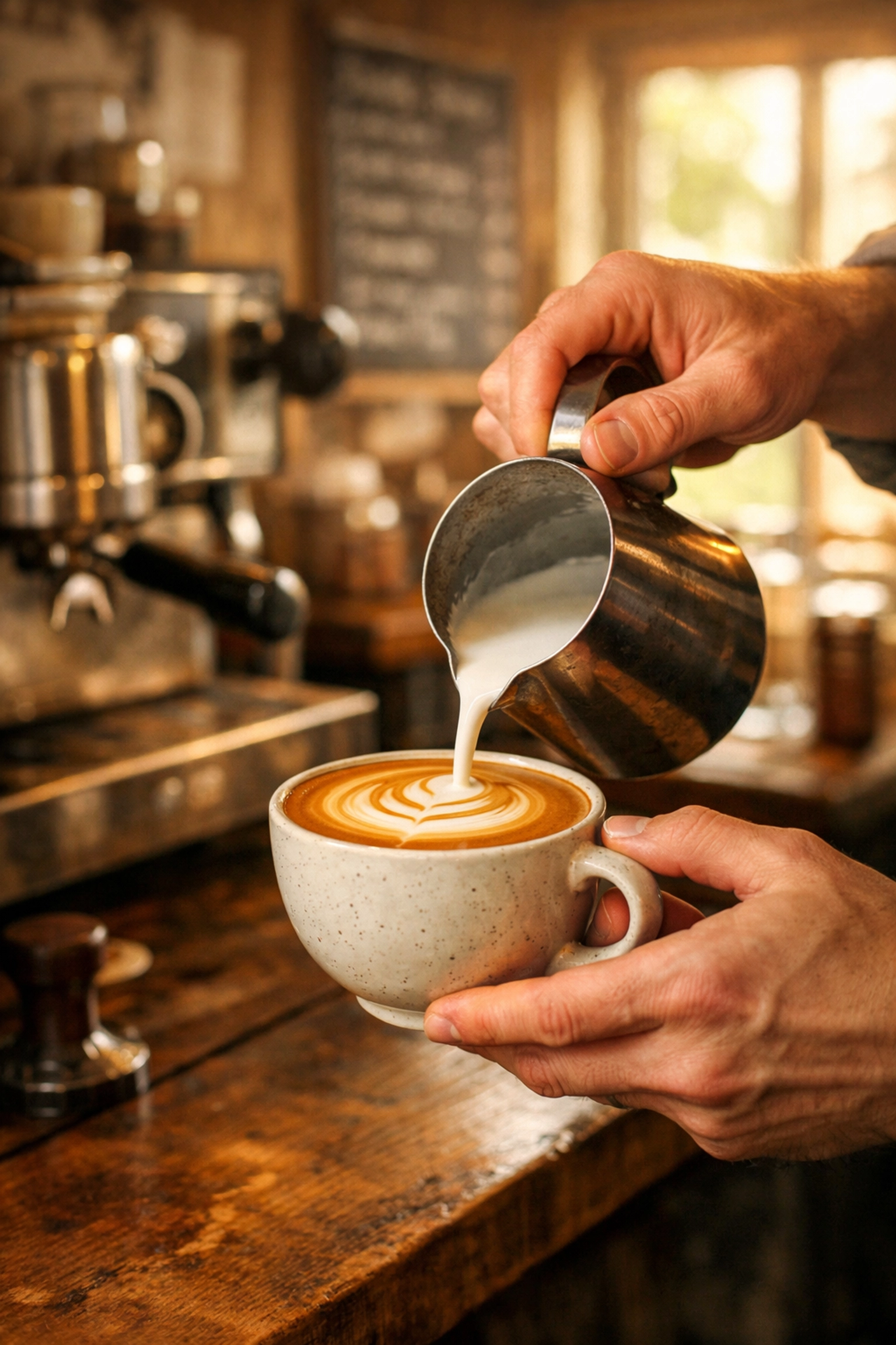 Barista creating latte art at independent coffee shop