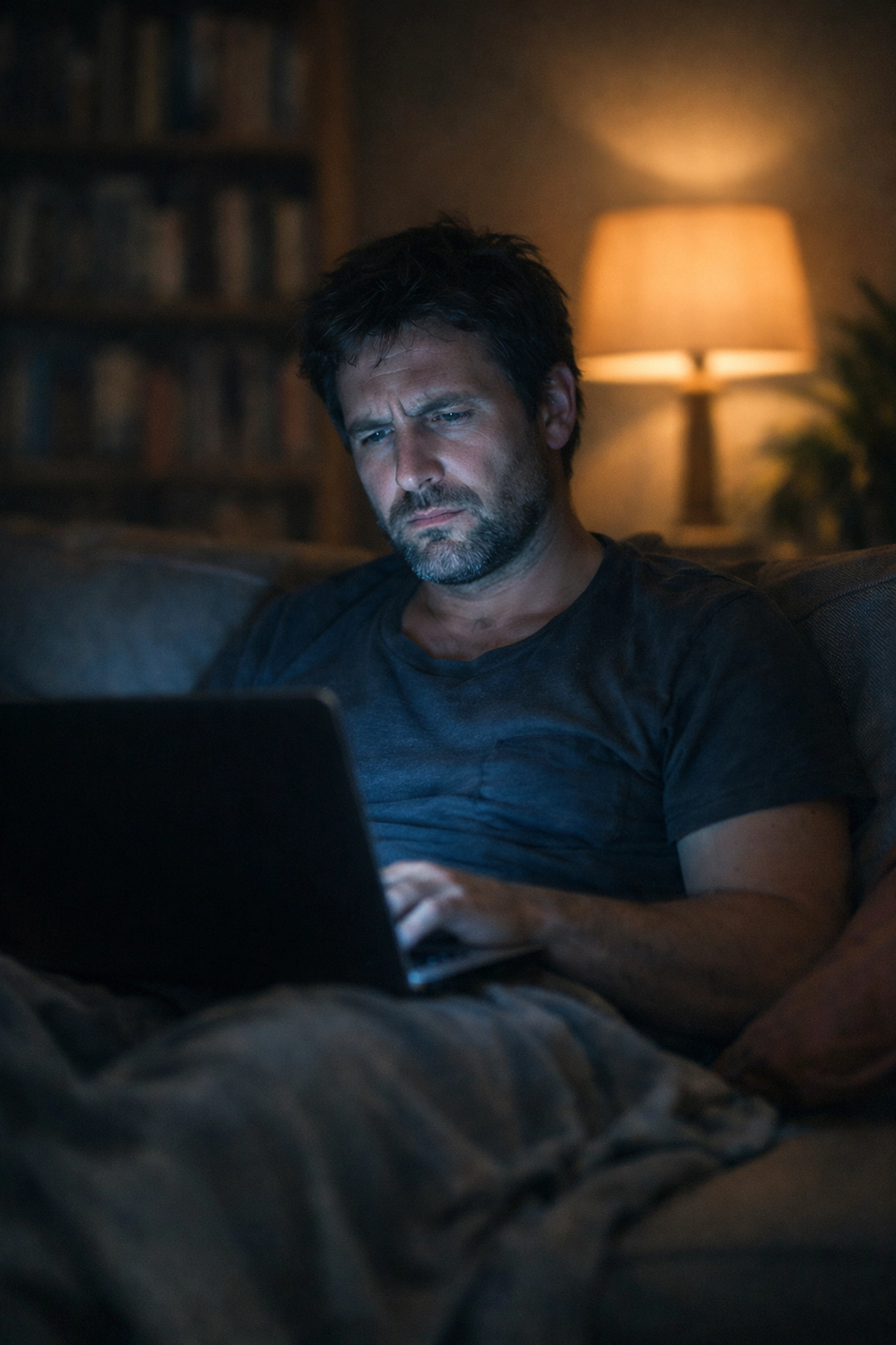 Férfi az interneten kutat a merevedési zavar megoldásai után, online tanácsadás keresése.