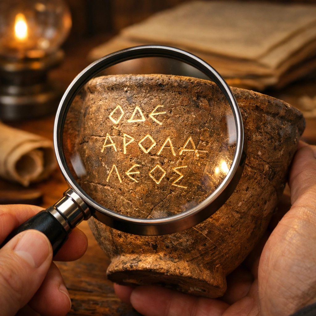 Researcher inspecting the Greek inscription on the Jesus cup, proving an early historical record of Christ.