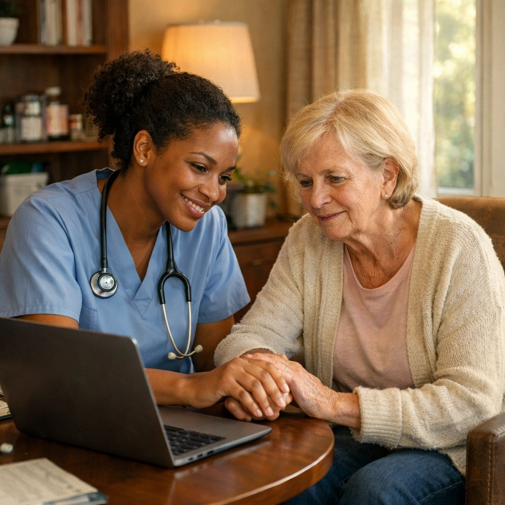 Healthcare provider meeting with elderly patient in comfortable consultation room for coordinated care