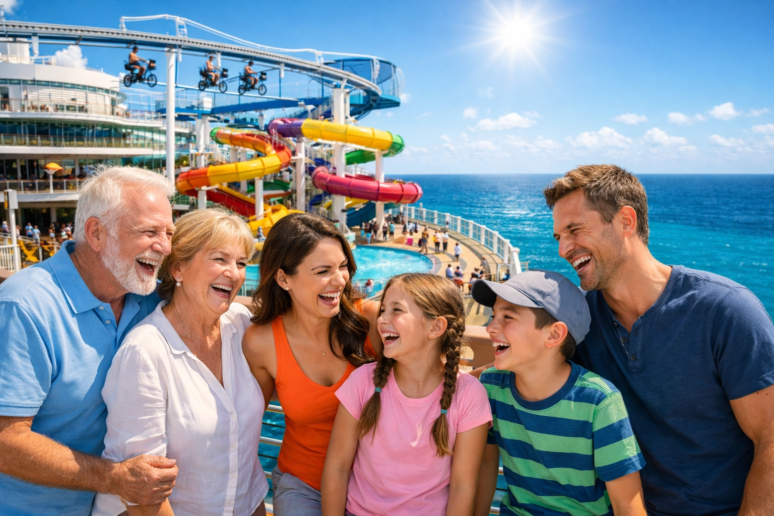 Multi-generational family enjoying a cruise ship deck featuring a high-energy water park and slides.