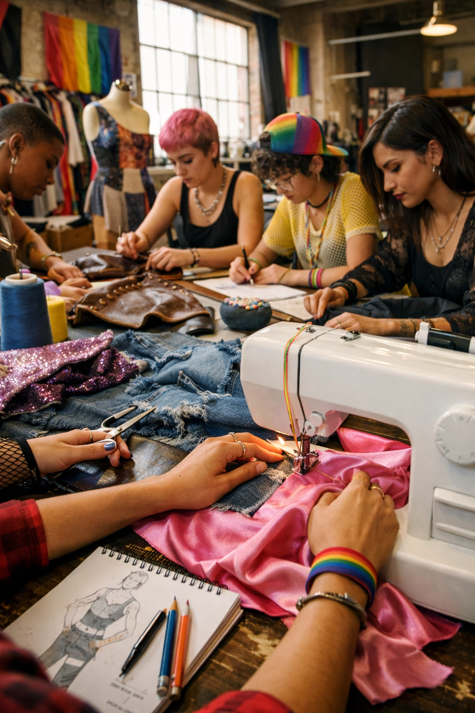 LGBTQ+ youth designing gender-affirming clothing in fashion workshop with upcycled fabrics