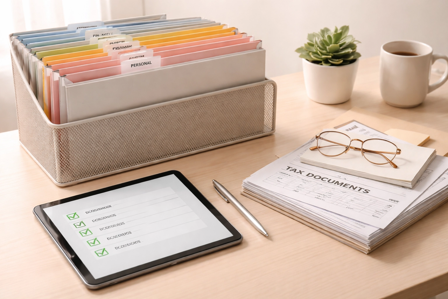 A modern office desk neatly organized with tax documents and a checklist, showing tax season preparation tips.