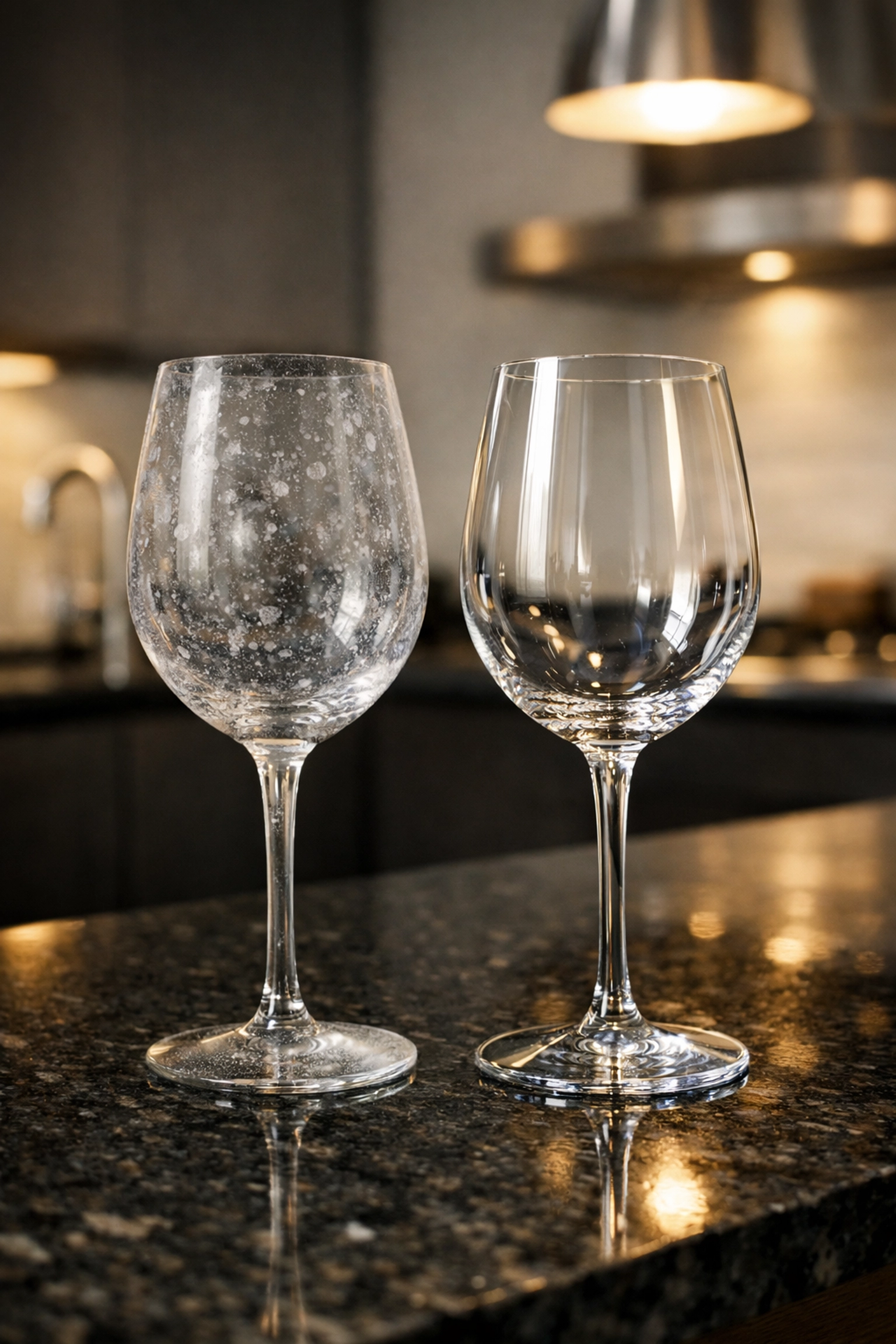 Comparison of cloudy glassware with hard water spots versus clean glass from filtered water.