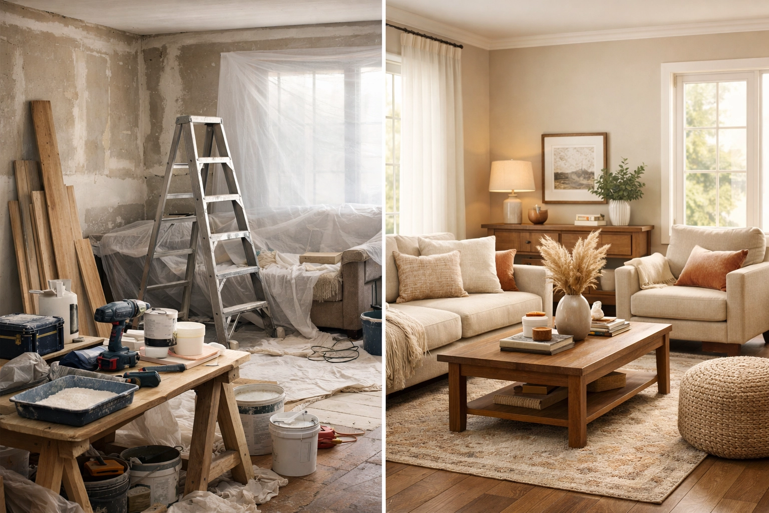 Before and after home renovation comparison showing transformation of living space