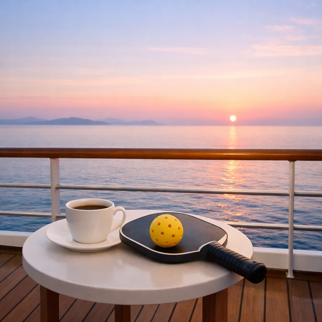 A pickleball paddle and coffee cup on a luxury ship deck overlooking the calm Adriatic Sea at sunrise.