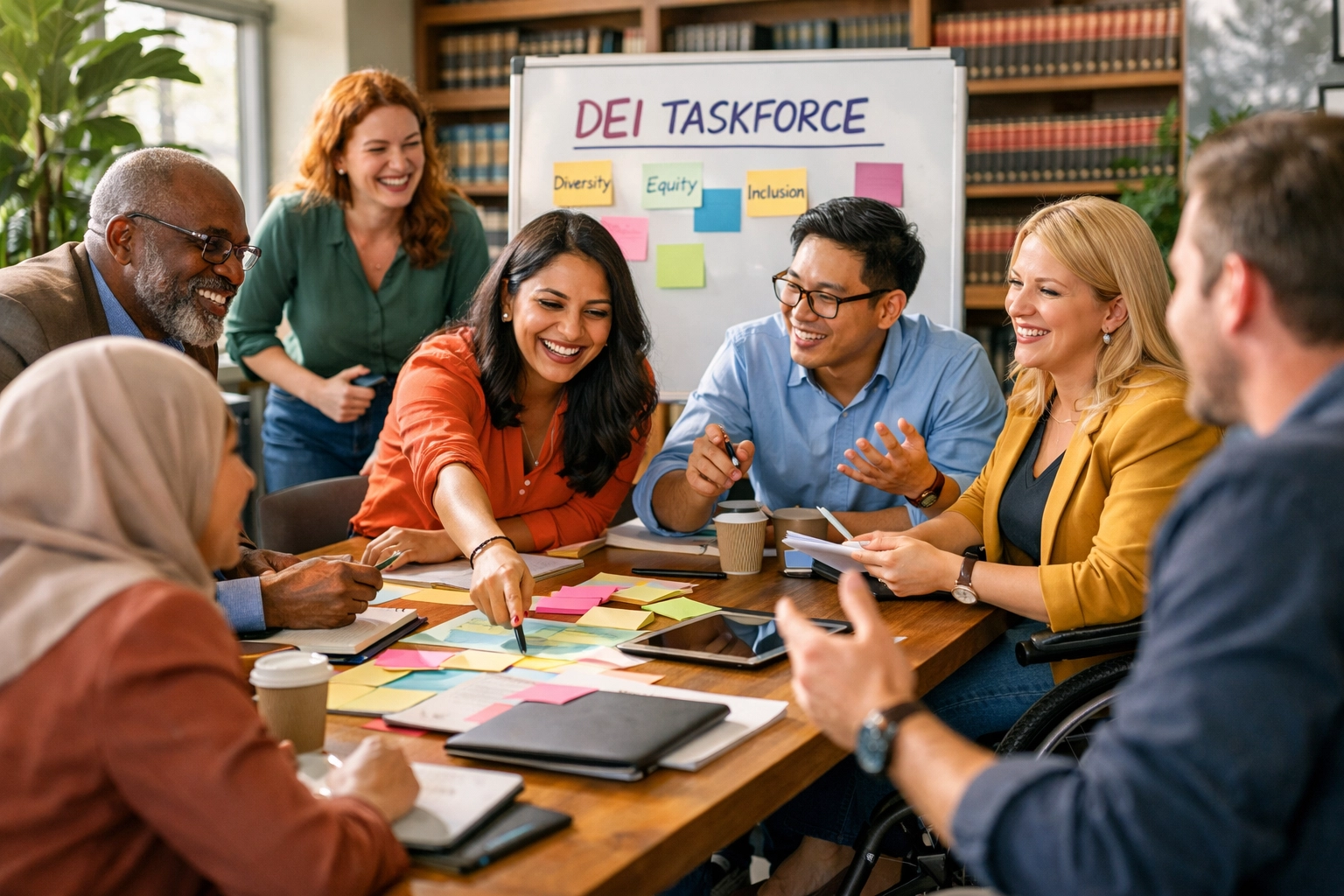A diverse law firm taskforce brainstorming DEI initiatives to improve workplace culture and drive growth.