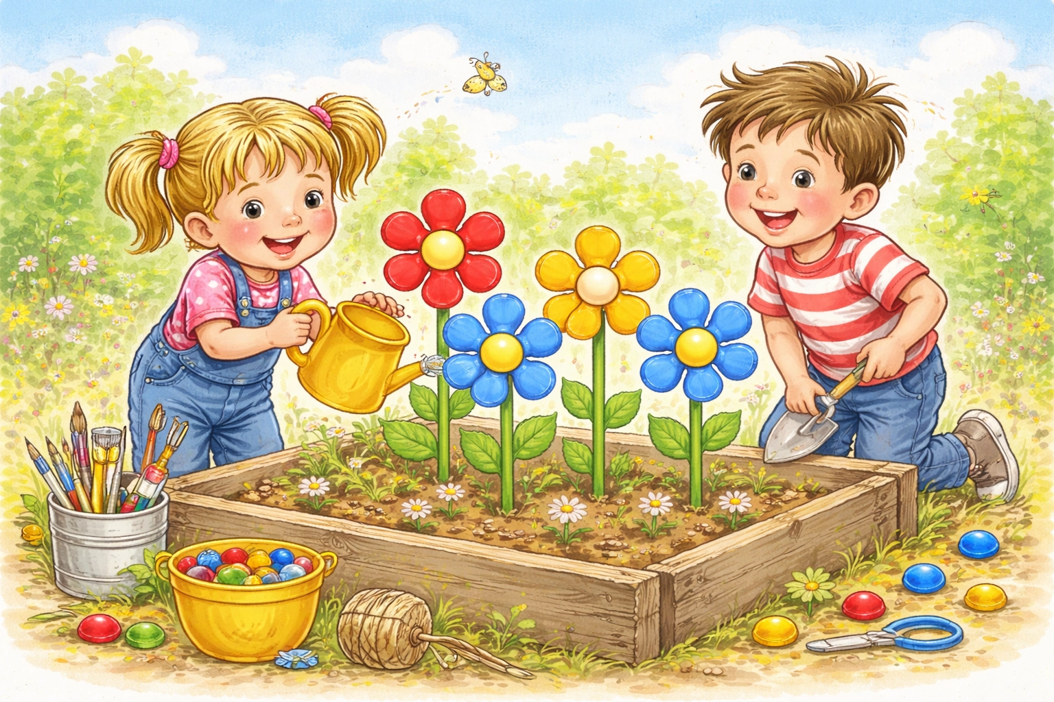Cartoon child admiring bright bottle cap flowers on stakes in a playful upcycled garden craft scene