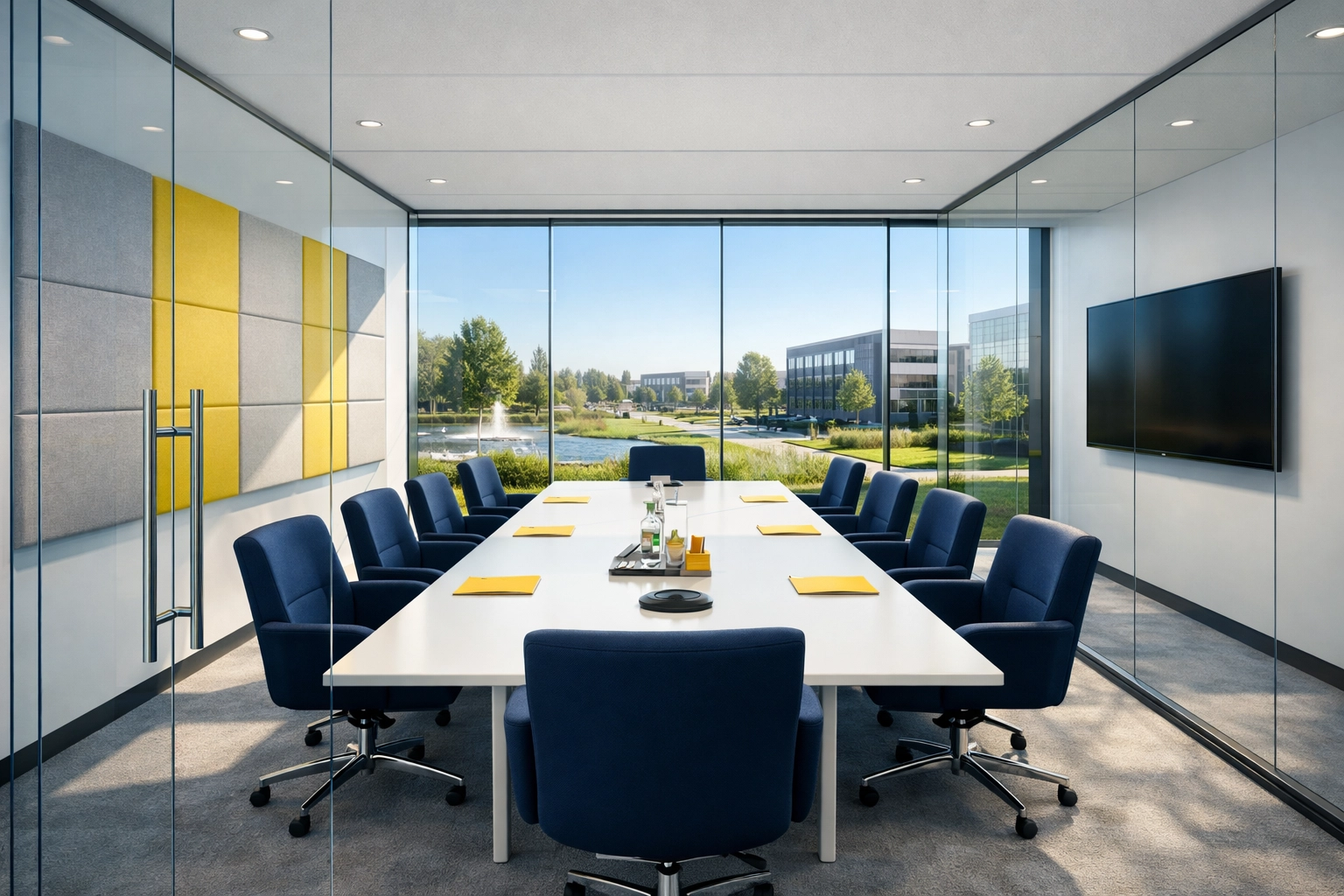 Modern conference room with smudge-free glass walls and professional commercial cleaning.
