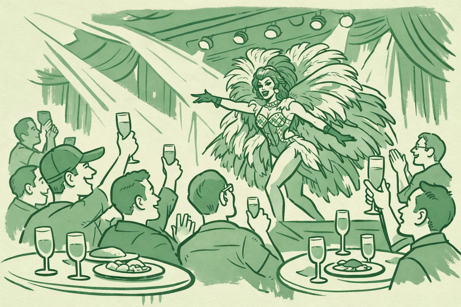 Drag queen in feathered costume performing at Sunday drag brunch event