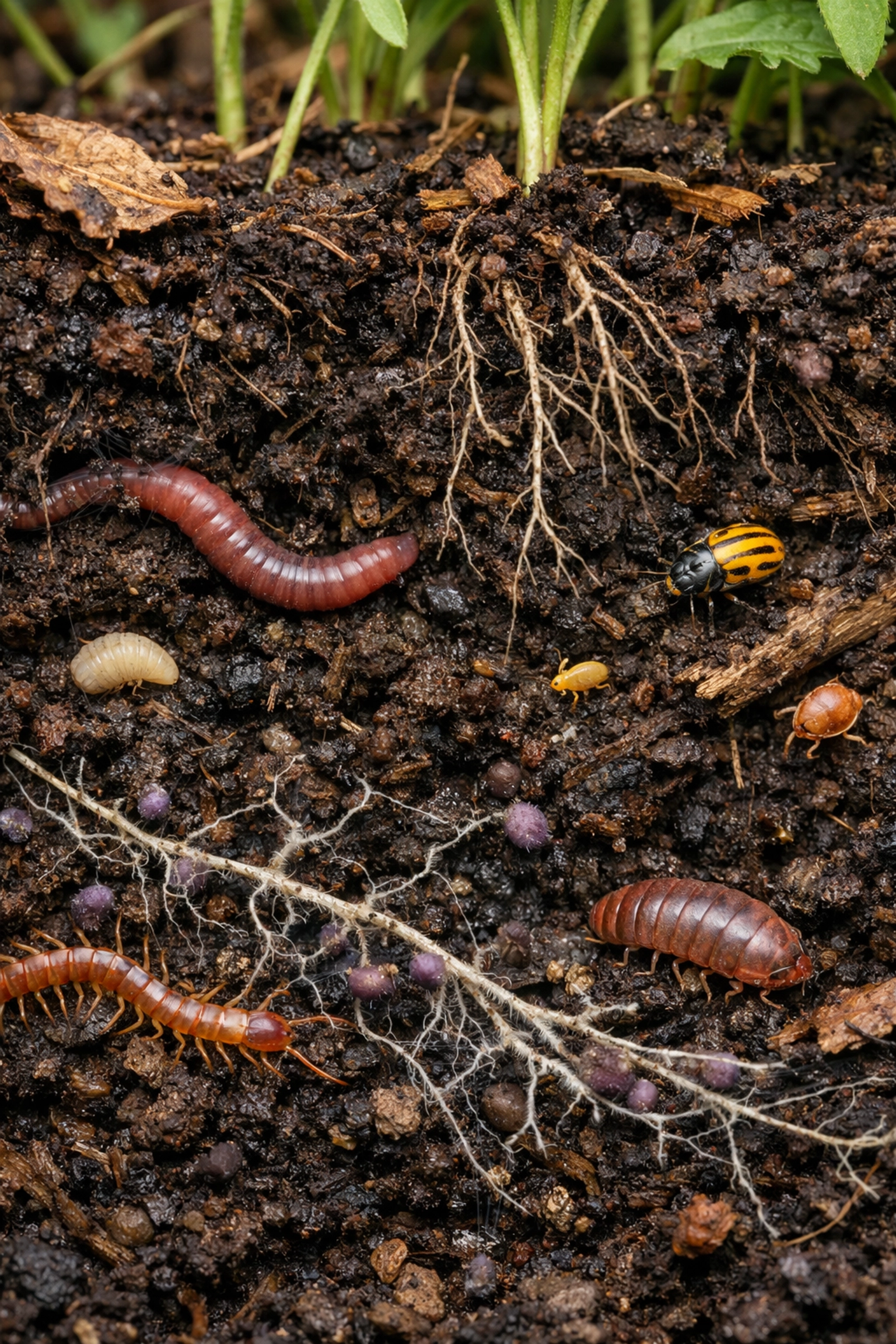 Cross-section of healthy garden soil ecosystem with earthworms and beneficial organisms in compost