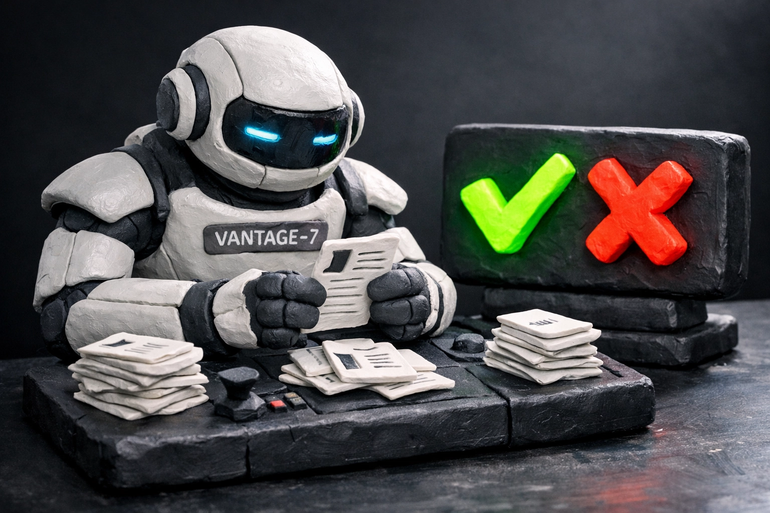 VANTAGE-7 robot sorting resumes into pass or fail categories for Greenhouse and Lever ATS scans.