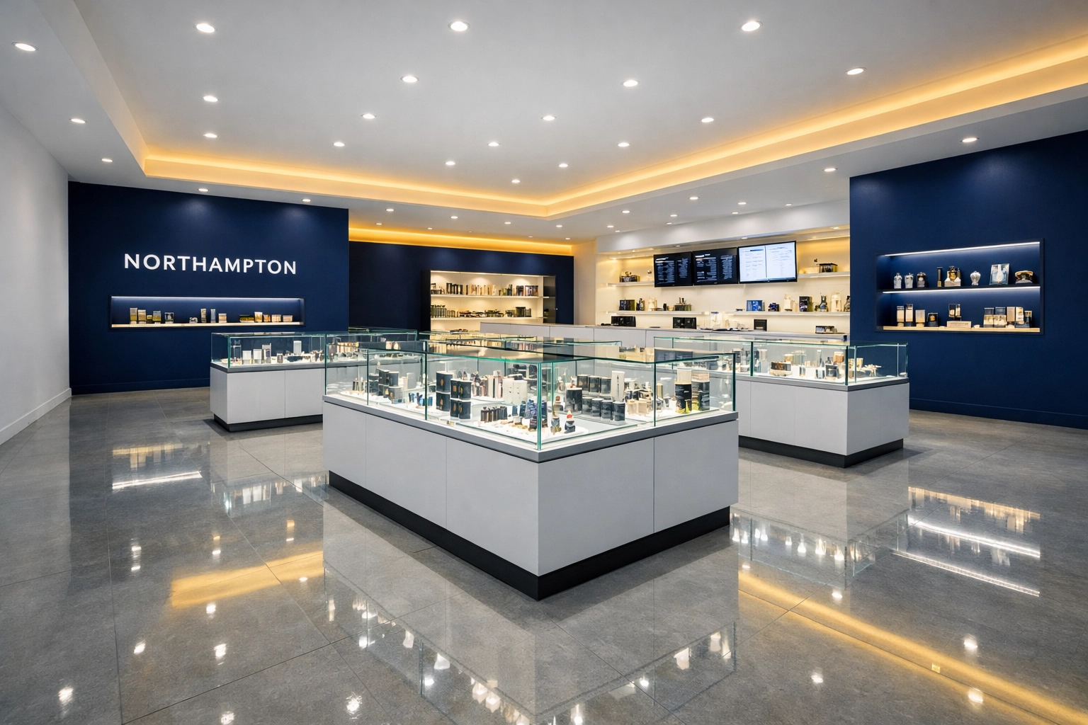 A clean and modern cannabis dispensary interior in Northampton with polished floors and glass display cases.