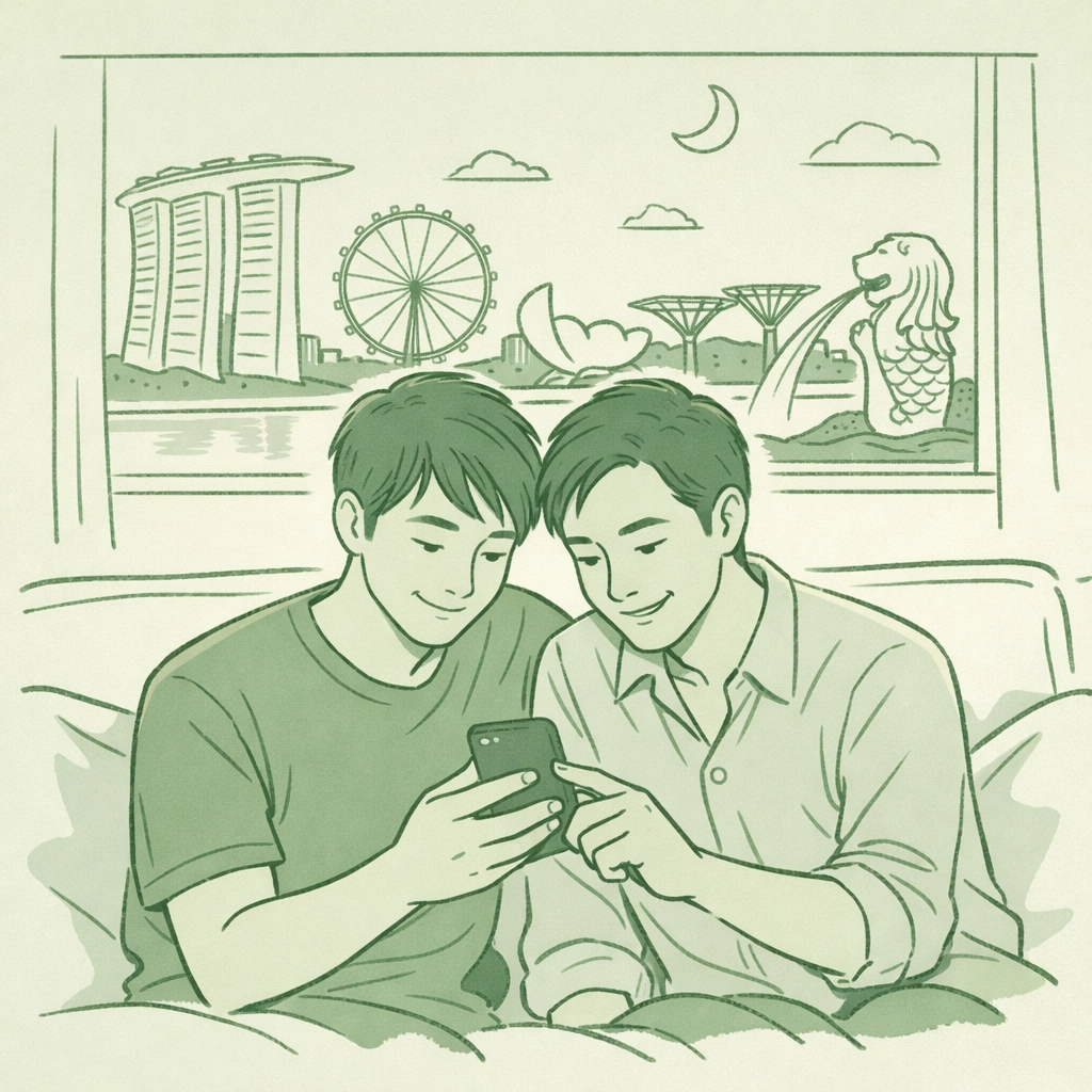 Two gay men in Singapore connecting through dating app on smartphone at home