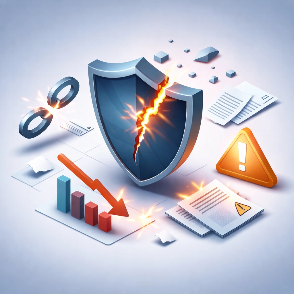 Broken security shield representing the costly consequences of GLBA non-compliance