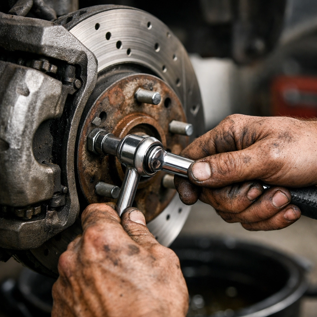 Expert mechanic San Antonio performing a professional brake repair on a vehicle's disc brake assembly.
