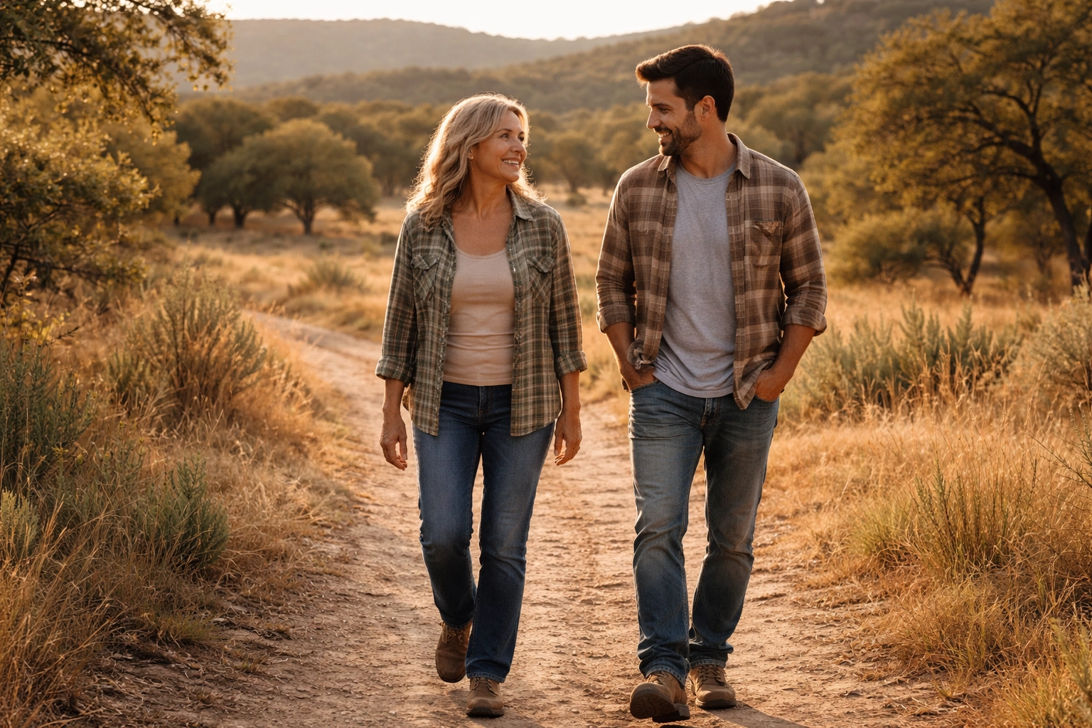Two people walking together outdoors on a dirt path in Texas Hill Country, representing hope and connection during rehab journey.
